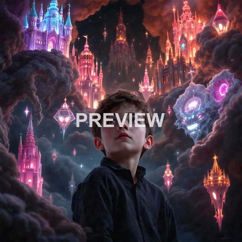 A young boy with brown hair and a dark shirt gazes upward amidst a fantastical sky filled with glowing pink and purple castles, clouds, and a menacing skull-shaped nebula.